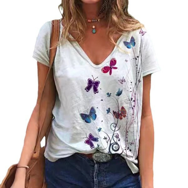 Dame V-hals sommerfugl tryk T-shirt Stilla