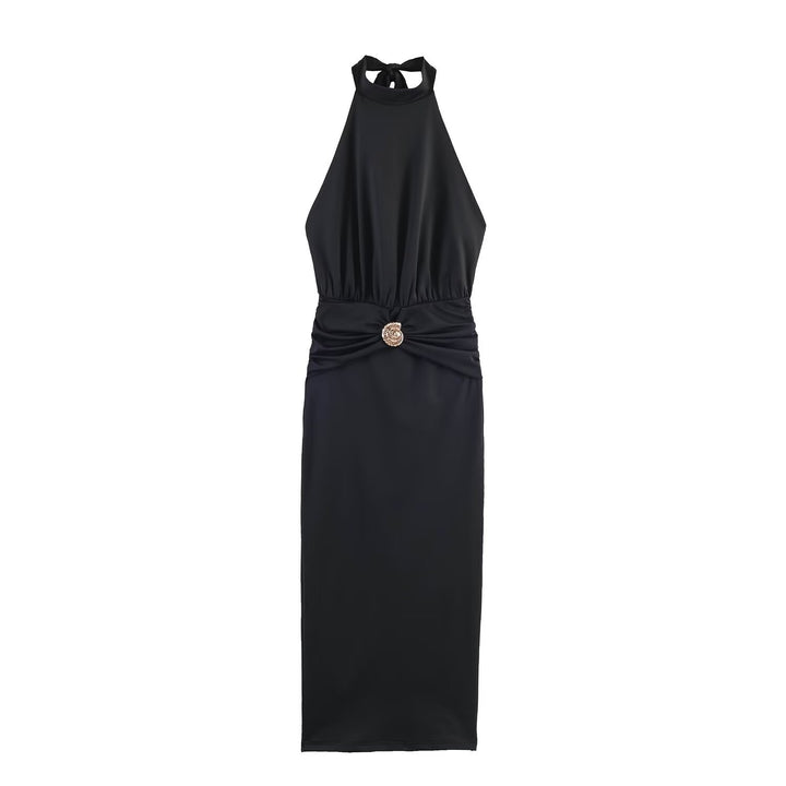 Dame maxikjole med smart halterneck og dekorativ drapering Skovae