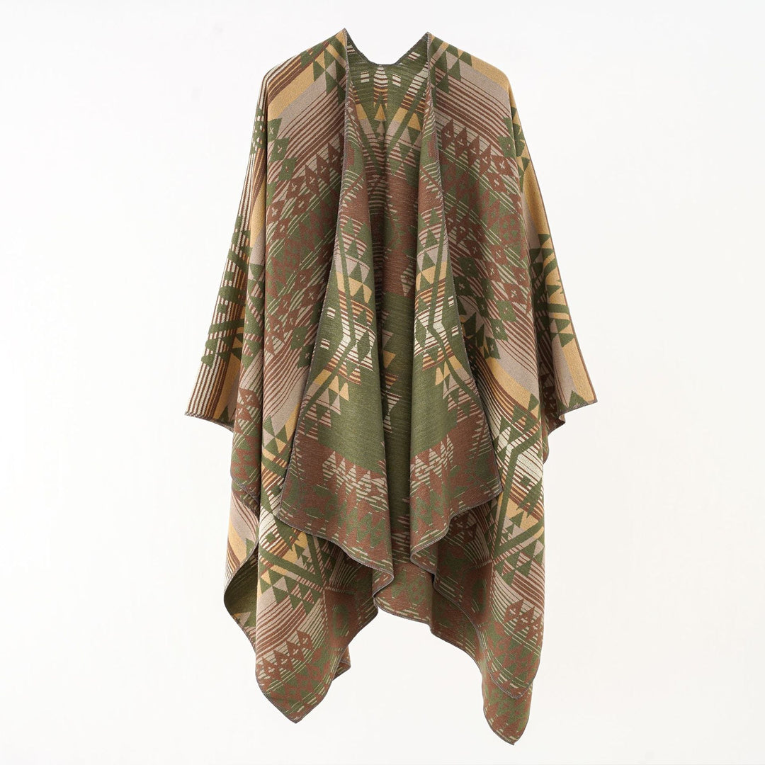 Dame Geometrisk Overhangsponcho med Varmt Materiale og Trendy Mønstring Skovae