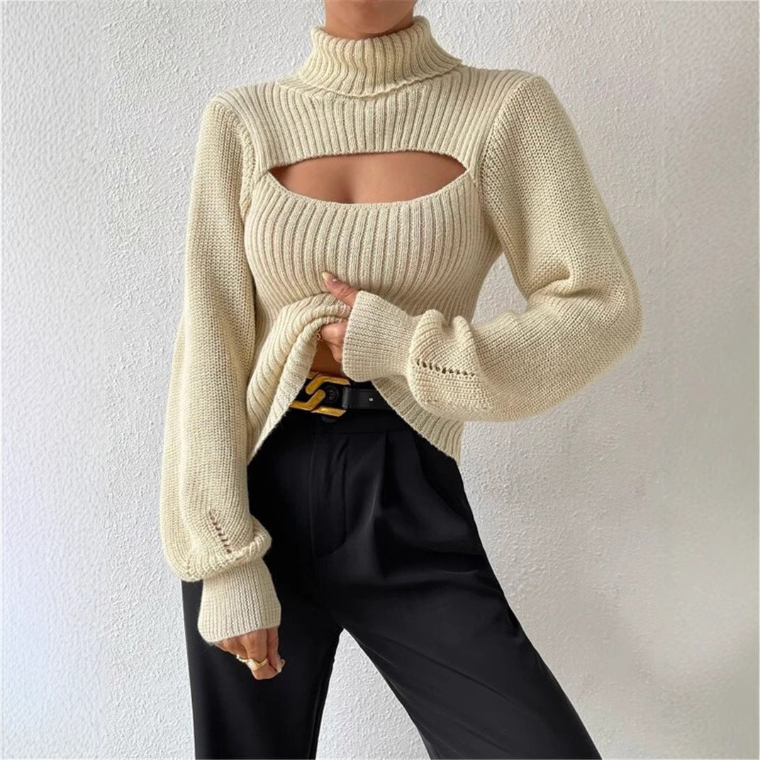 Dame strikbluse med cut-out design og høj krave Stilla