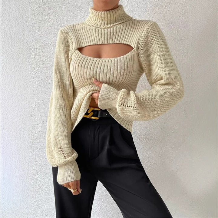Dame strikbluse med cut-out design og høj krave Stilla
