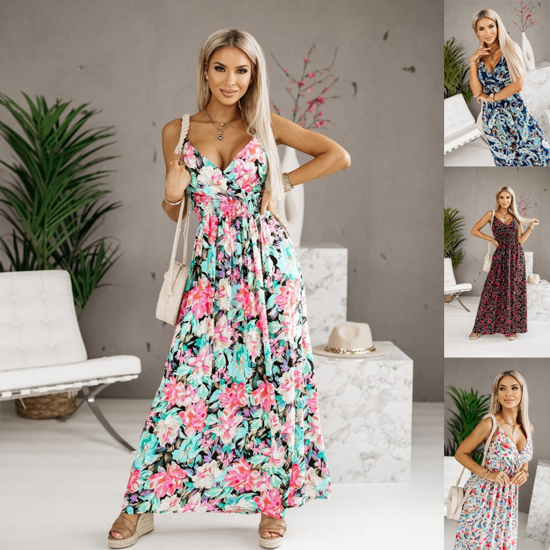 Dame maxikjole med floral design og justerbare spaghetti-stropper Stilla