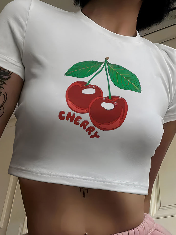 Dame Crop-T-Shirt med frugtagtig kirsebærdesign og løs pasform Skovae