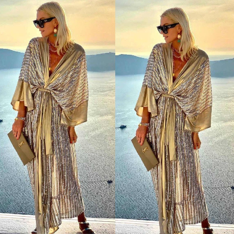 Dame Kaftan Kjole med glitrende folder og svingende kant Stilla