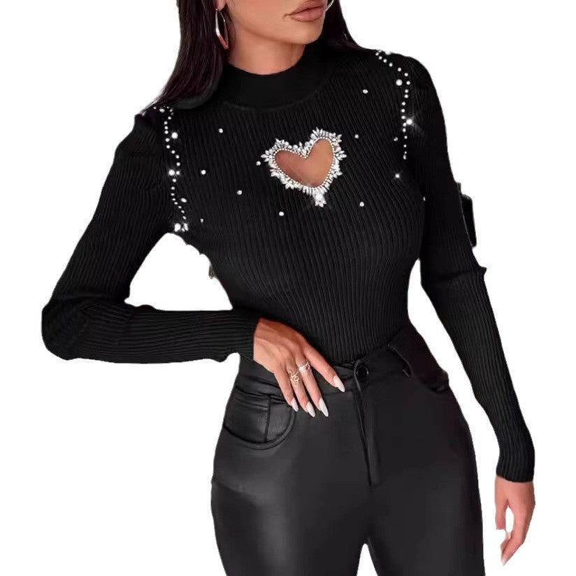 Dame sweater med hjerte-design og glitrende applikationer Stilla