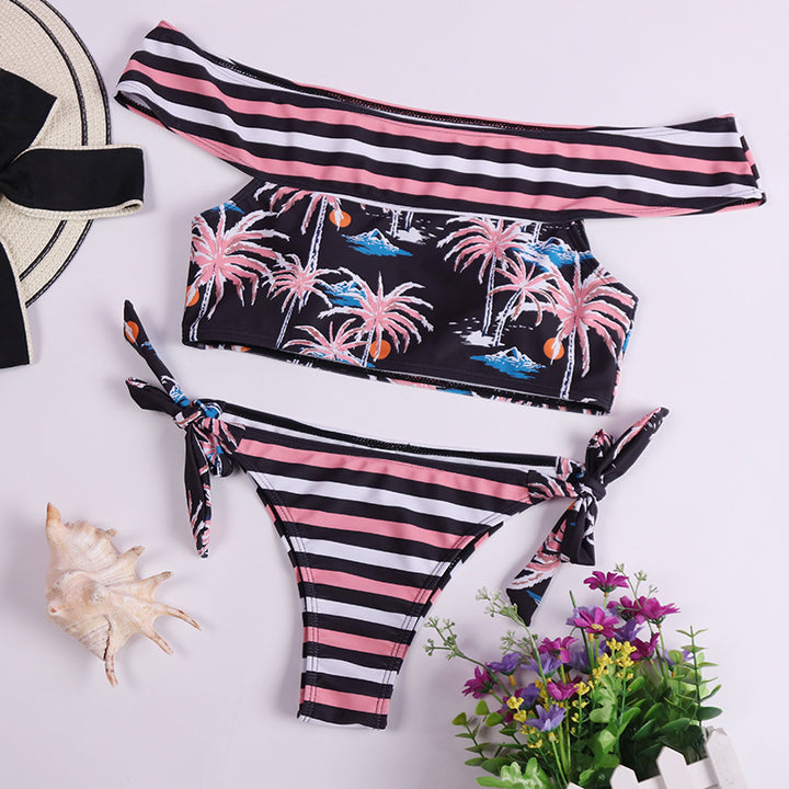 Dame Off-Shoulder Bikini-Sæt med trendy palmeprint og bred vatteret Stilla