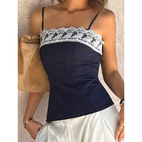 Damen Spaghetti-Träger Top mit elegantem Spitzenrand Skovae