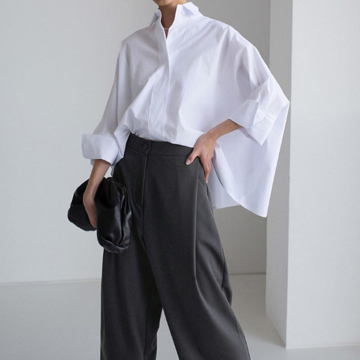 Dame mode Oversized-bluse i kvalitetsbomuld med afslappet snit og ståkrave Stilla