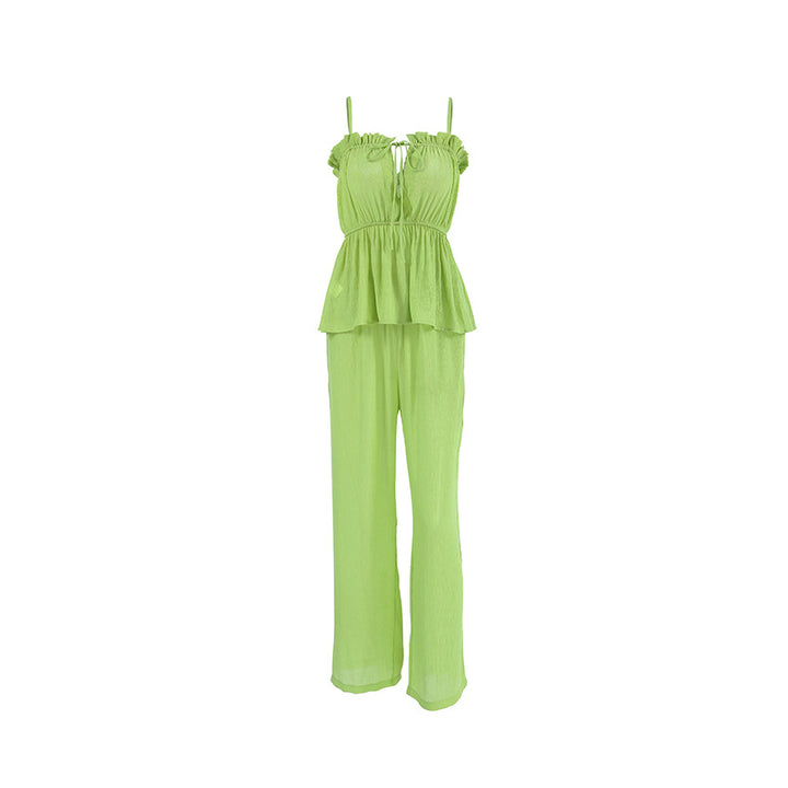 Dame luftig Jumpsuit-sæt med volants detaljer og fashionabel snøre Stilla