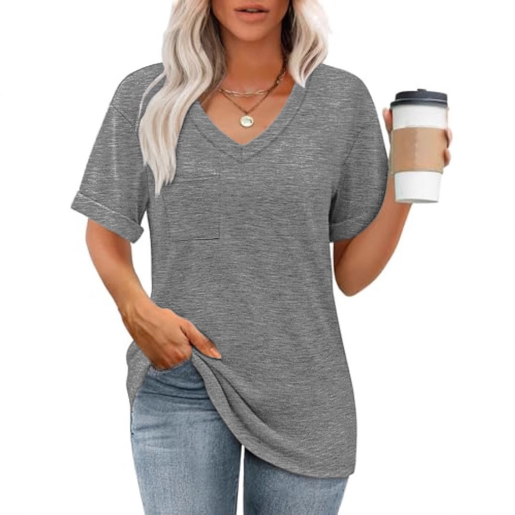 Dame Casual V-hals T-shirt med brystlomme og løs pasform Stilla