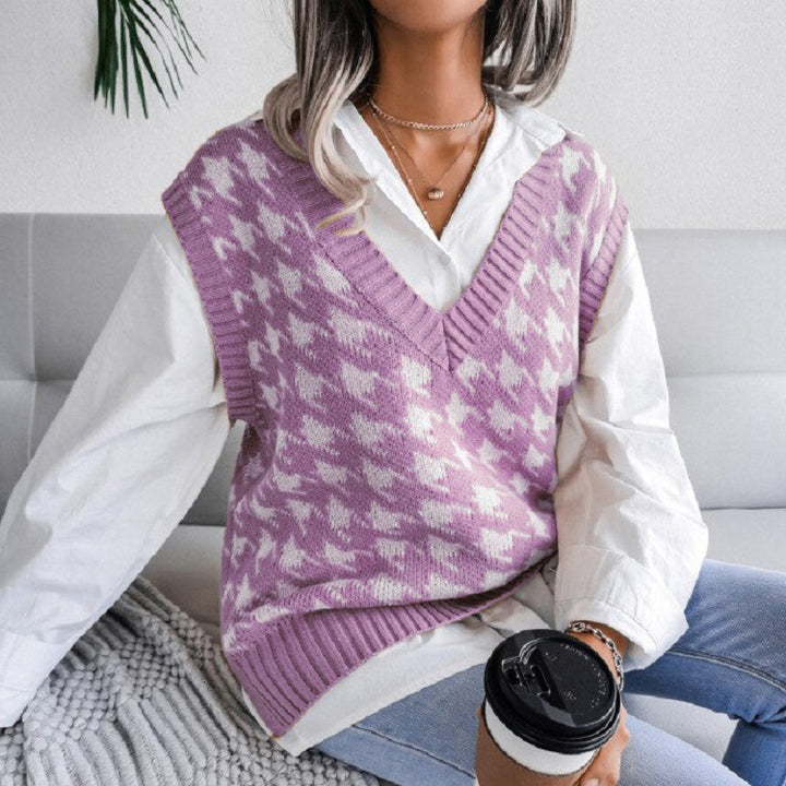 Dame strikvest med moderne houndstooth mønster Stilla