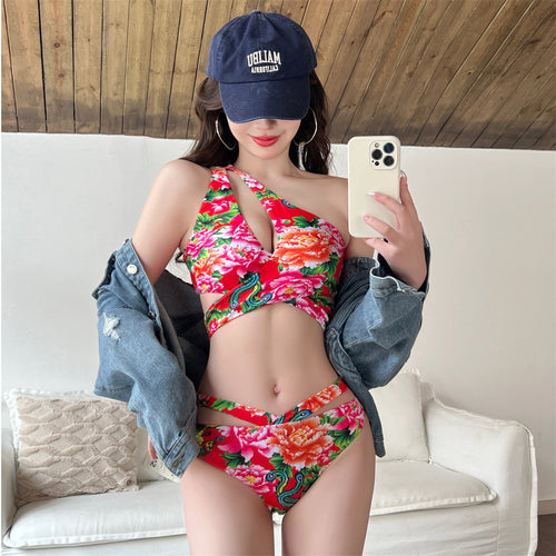 Damer Asymmetrisk Blomster Mønster Cut-Out Bikini Sæt Stilla