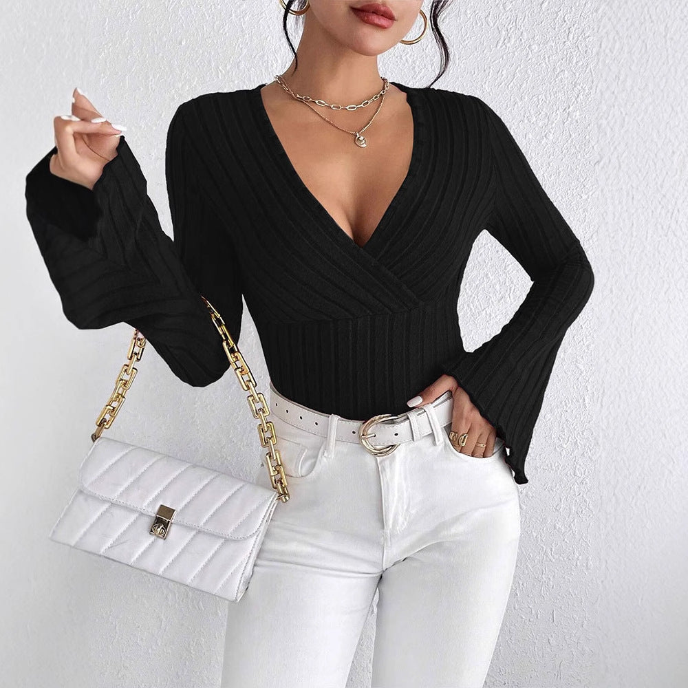 Dame elegant wrap top med rib strik og snoet design Skovae