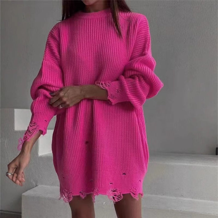 Dame Oversized Strik kjole med afslappet, frynset kant og moderne ribmønster Stilla