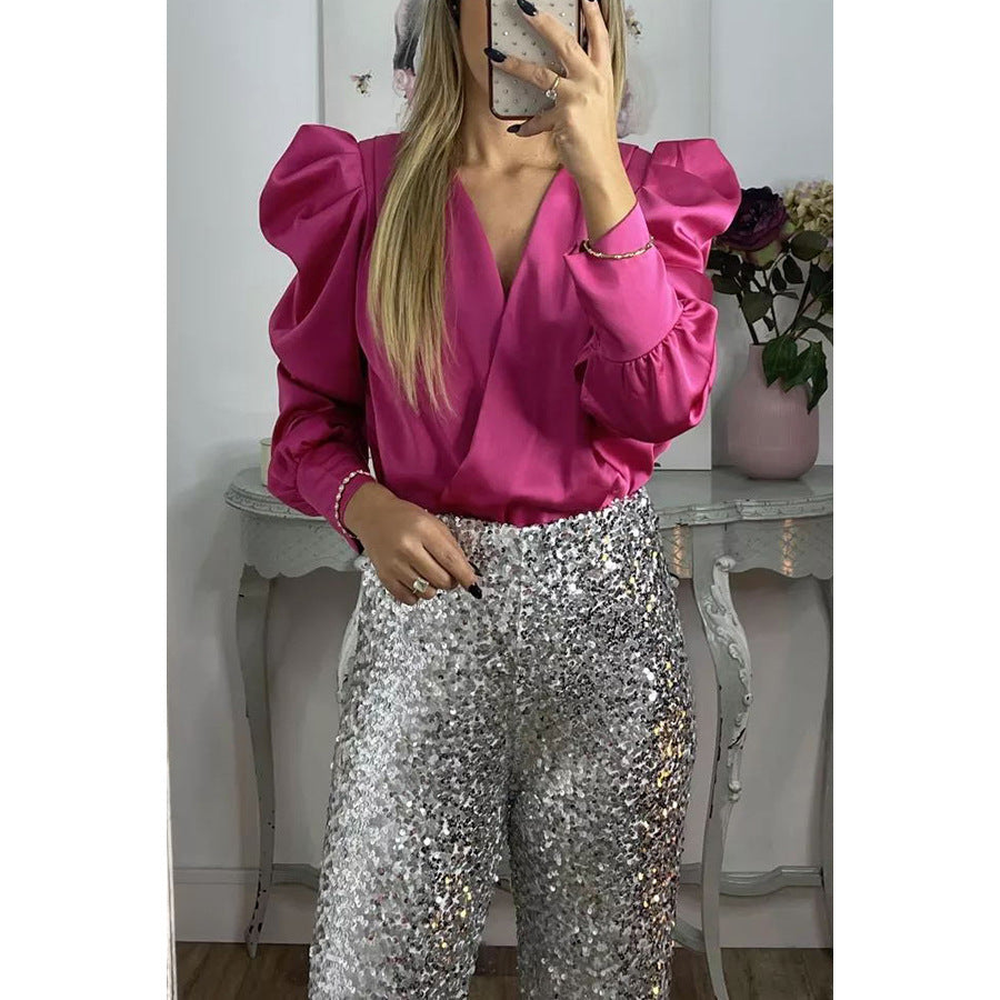 Dame Højhalset Satin-top med Puffærmer og Vikkel Design Stiila