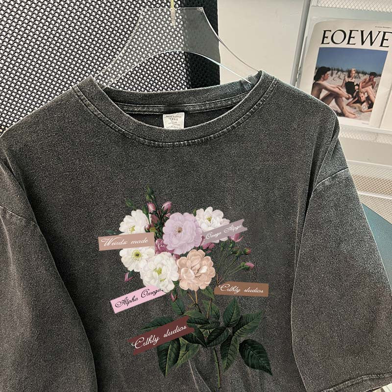 Dame T-shirt med blomsterapplikationer og afslappet oversized-snit Stilla