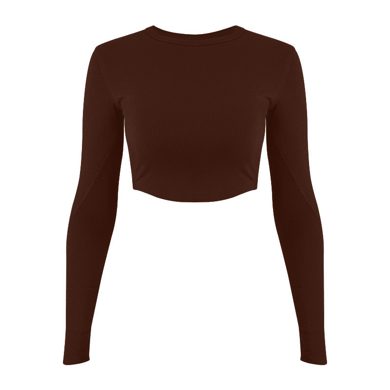 Damer mode Langærmet Crop-Top i elastisk ribmateriale med rund halsudskæring Stilla