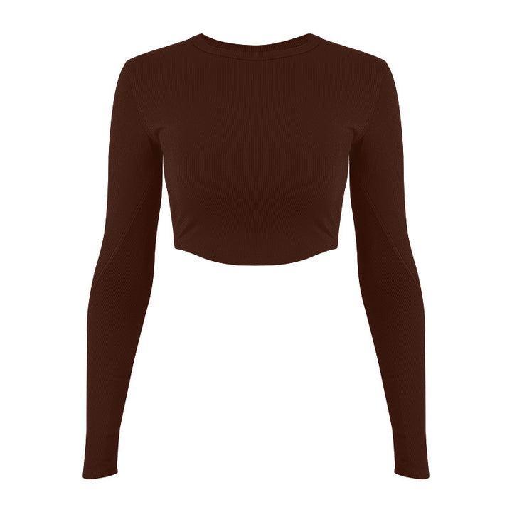 Damer mode Langærmet Crop-Top i elastisk ribmateriale med rund halsudskæring Stilla