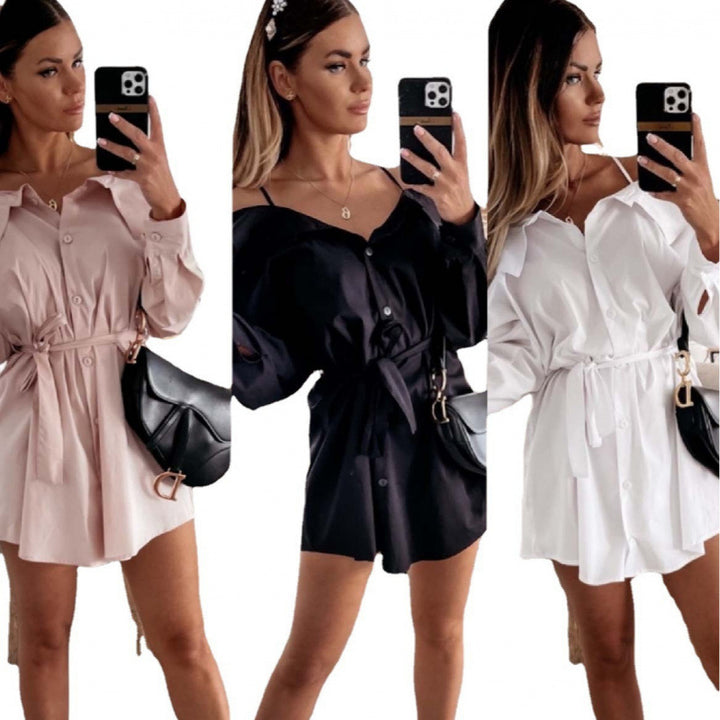 Dame Off-Shoulder Knaplukning Kjole med Selvbundet Bælte Stilla