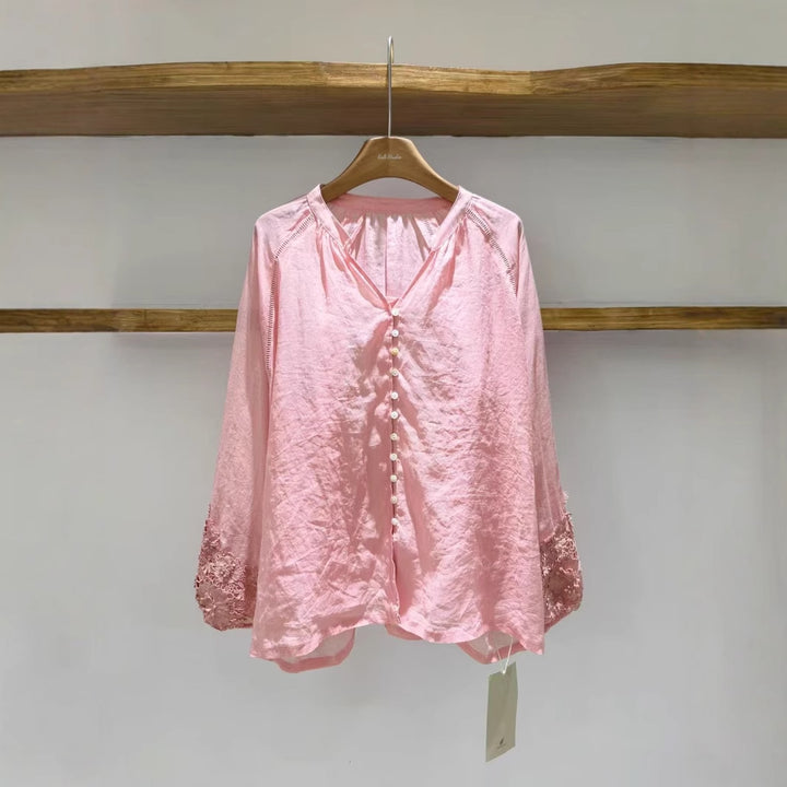 Dame Elegant Bluse med Blonder og Knapper Stilla