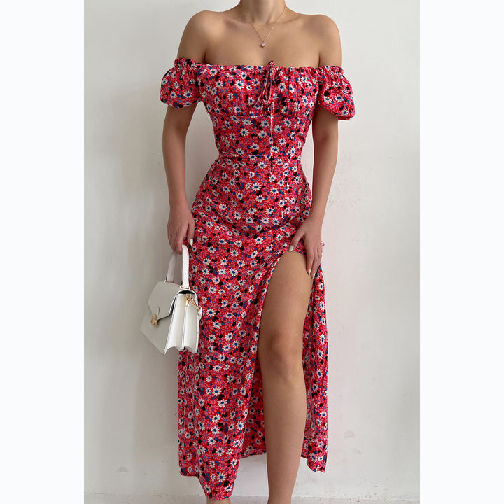 Women's Off-Shoulder Maxi Dress with Floral Design and Elegant Slit Skovae