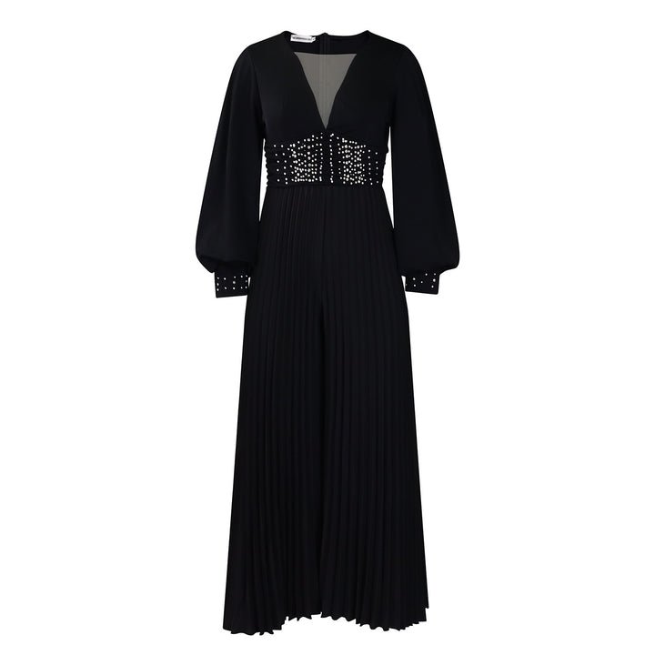 Dame Elegant Plisseret Jumpsuit med dyb V-udskæring og glitrende taljedetalje Stilla