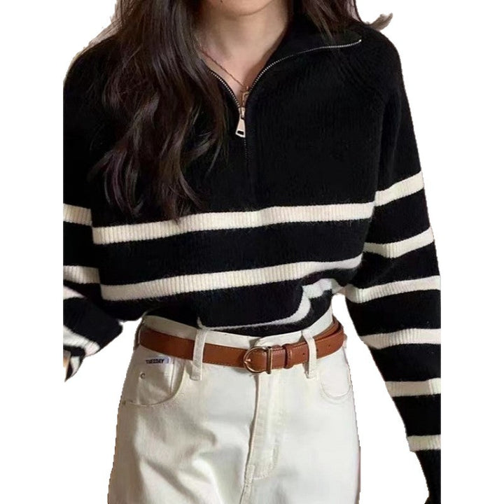 Dame mode sweatshirt med en solid lynlås og stribet mønster Stilla