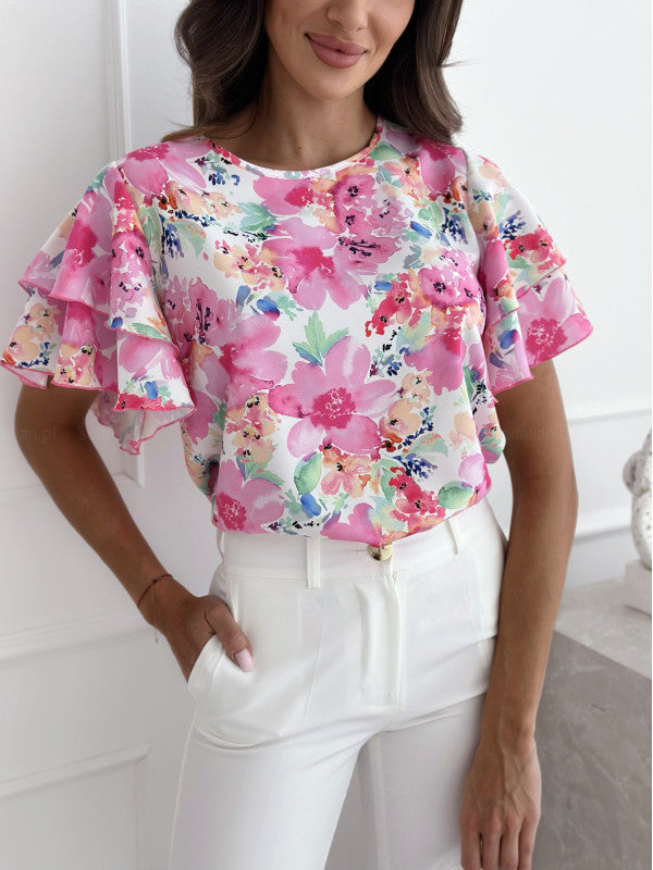 Dame Kortærmet Blomster Rüschenshirt Stilla
