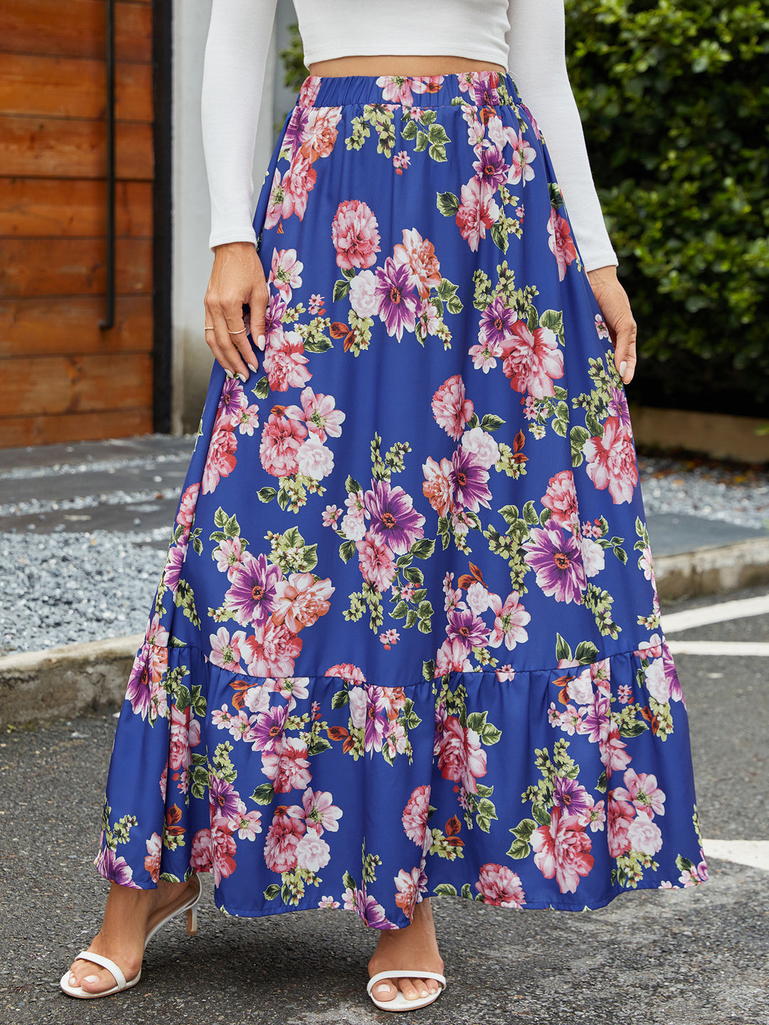 Dame Maxiskørt med voluminøs flæse-stil og blomster mønster Stilla
