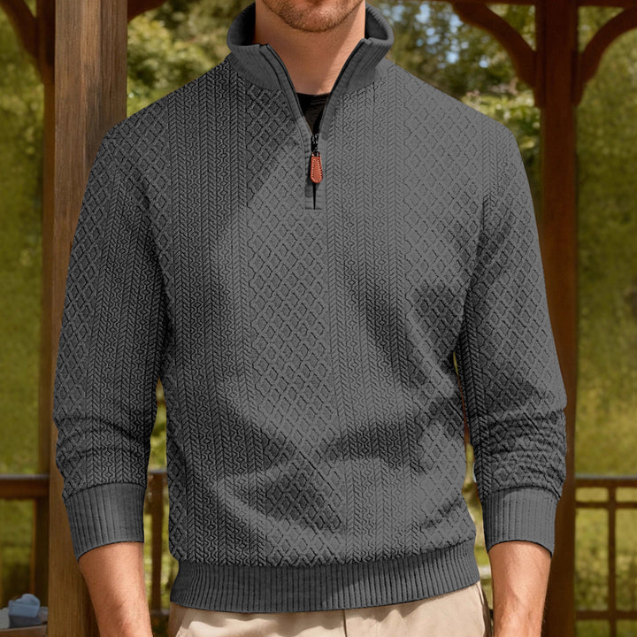 Herren nan finstruktureret halvzip-sweater i jacquard-relief med høj ståkrave og læder-zipper Skovae