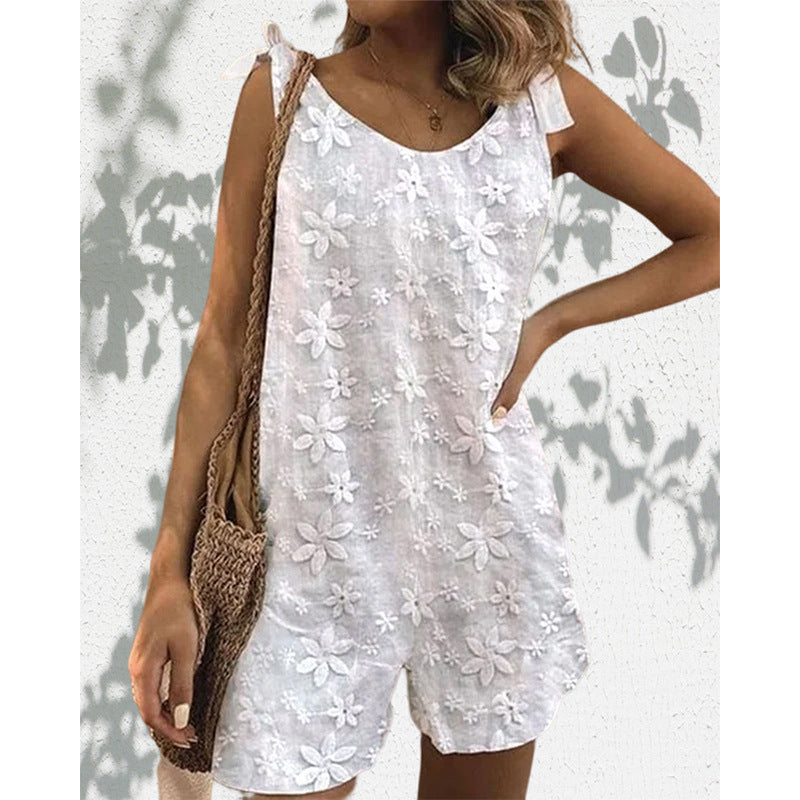 Dame nan let kort overall med floral tredimensionel broderi, justerbare bindebånd og løs A-linje silhuet Skovae