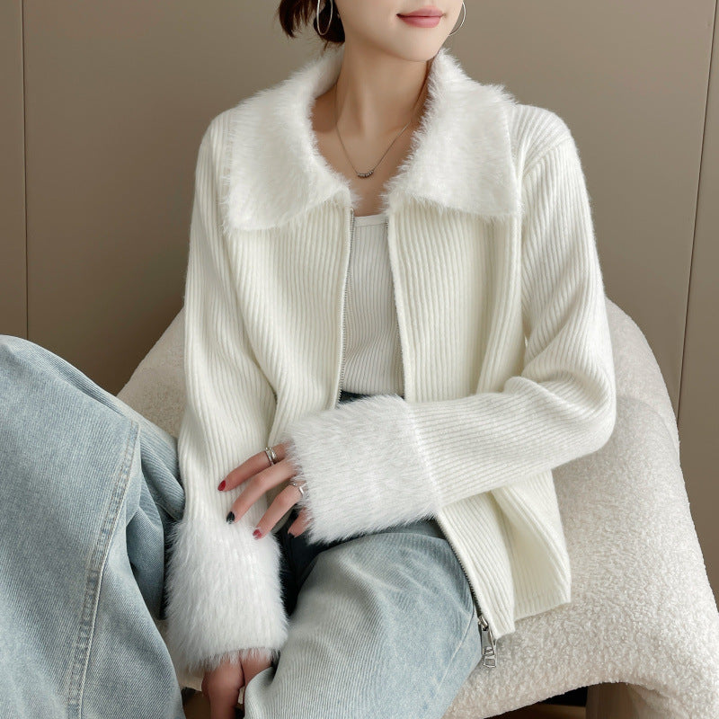 Kvinders cardigan med luksuriøs faux fur krave og ribbet tekstur Stilla