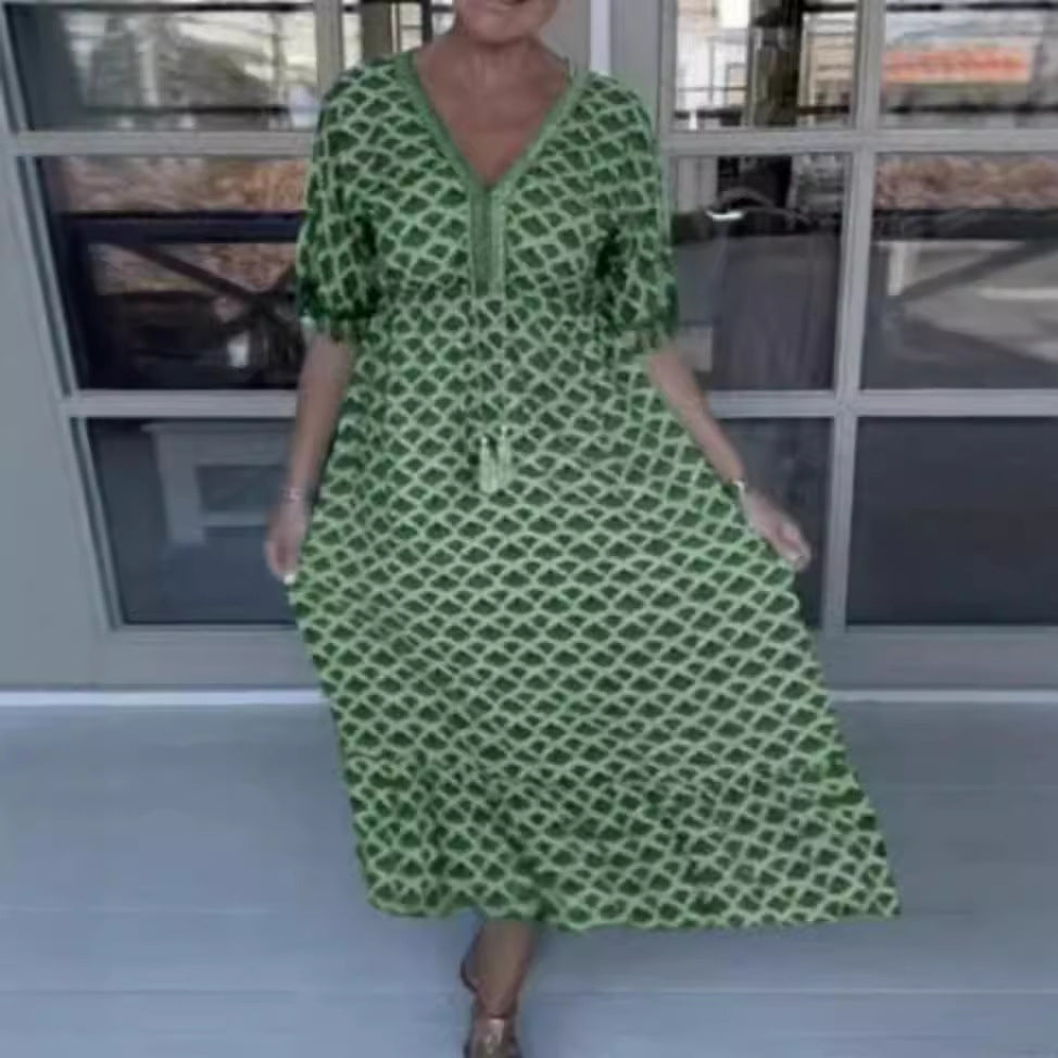 Dame nan casual midi kjole i kaftan stil med V-halsudskæring, kvaster bånd, rynket empire søm og frynseærmer Skovae