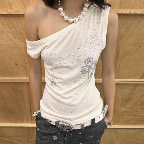 Damen asymmetrisches Tanktop mit stylischem Druck und verzierten Applikationen Skovae