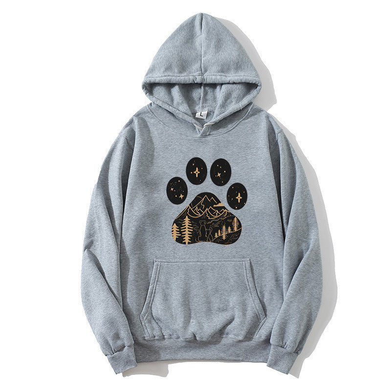 Dame hoodie med kreativ poteprint design og bjerglandskab Skovae