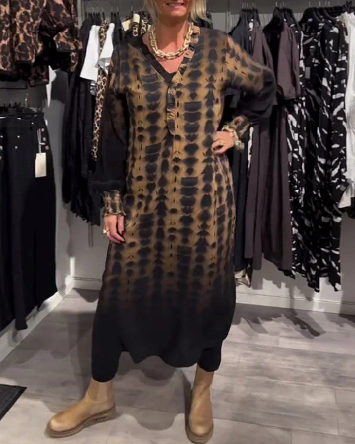 Dame lang skjortekjole med moderne batikdesign Stilla