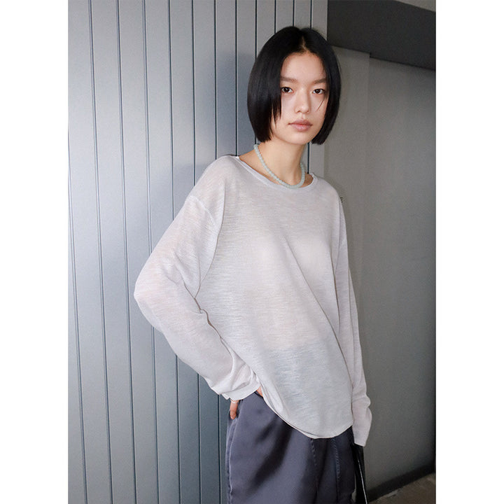 Dame langærmet oversized T-shirt med elegant rund halsudskæring og fint struktureret overflade Stilla