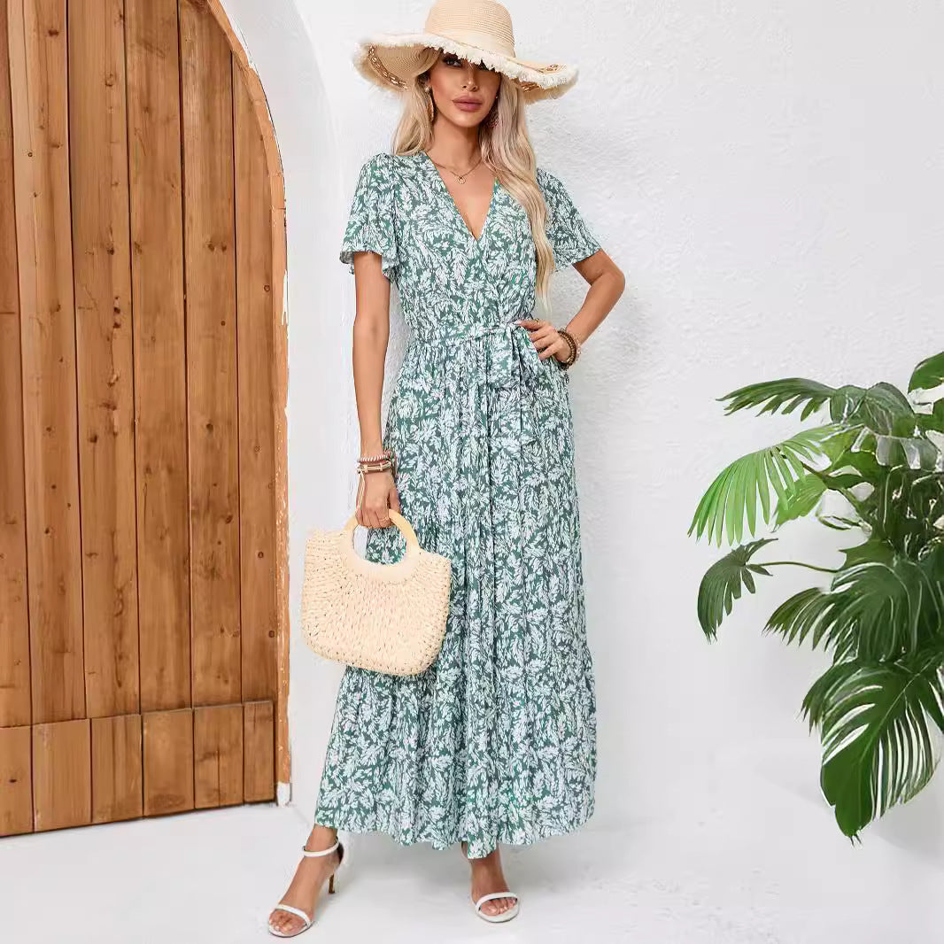 Dame Maxi-kjole med floralt omslag design og dyb slids Stilla