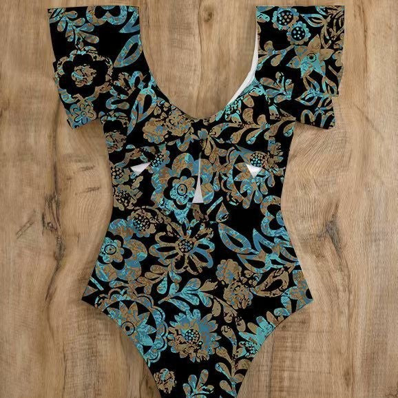 Dame One-piece badedragt med blomster detaljer og dyb V-hals Stilla