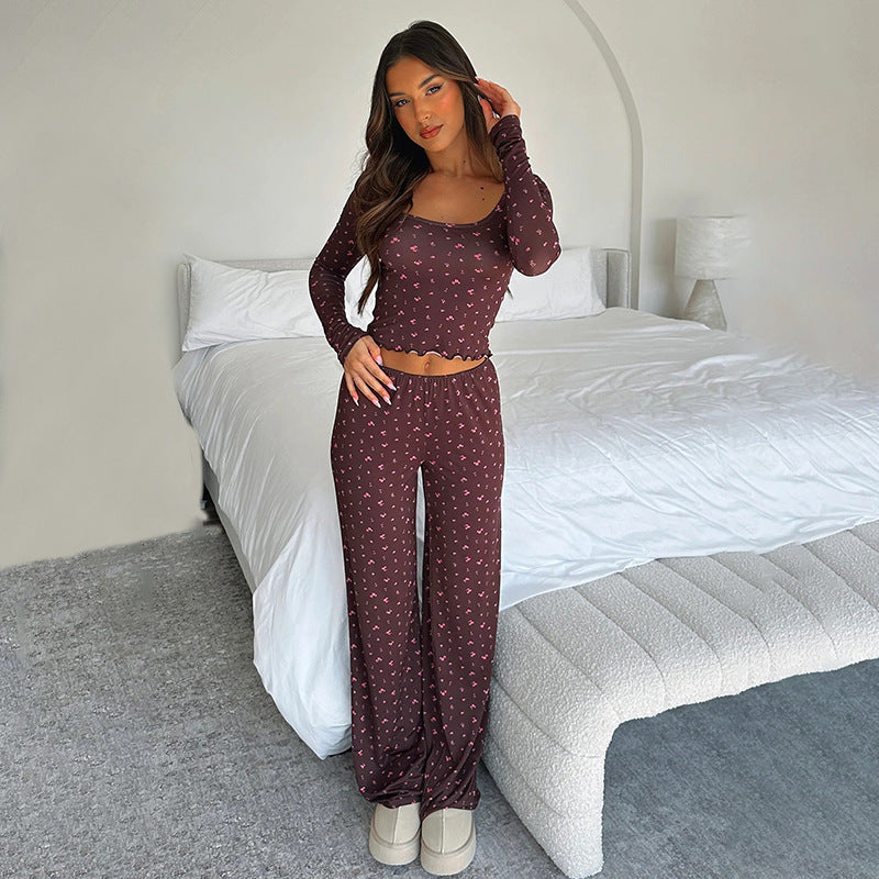 Dame Langærmet Loungewear-Sæt med bølget Kant Stilla