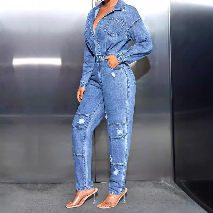 Dame denim overalls med tætsiddende pasform og trendy ødelagte detaljer Stilla