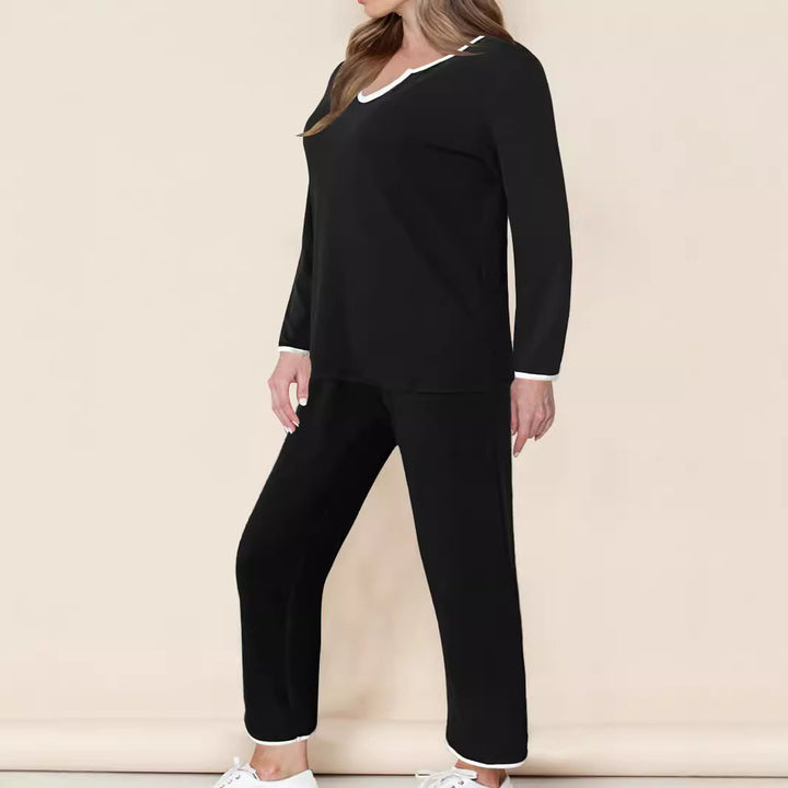 Dame fritids-loungewear-sæt med elegant V-udskæring og bredt ben Stilla