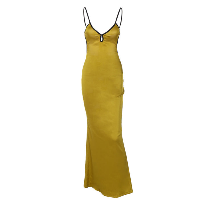 Dame Elegant Satin Maxikjole med justerbare spaghetti stropper og dyb V-udskæring Skovae