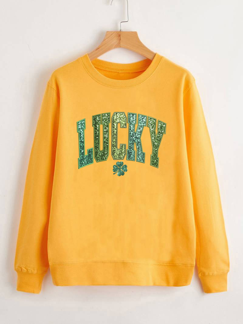 Dame casual sweatshirt med glitrende skrift og kløver motiv Stilla