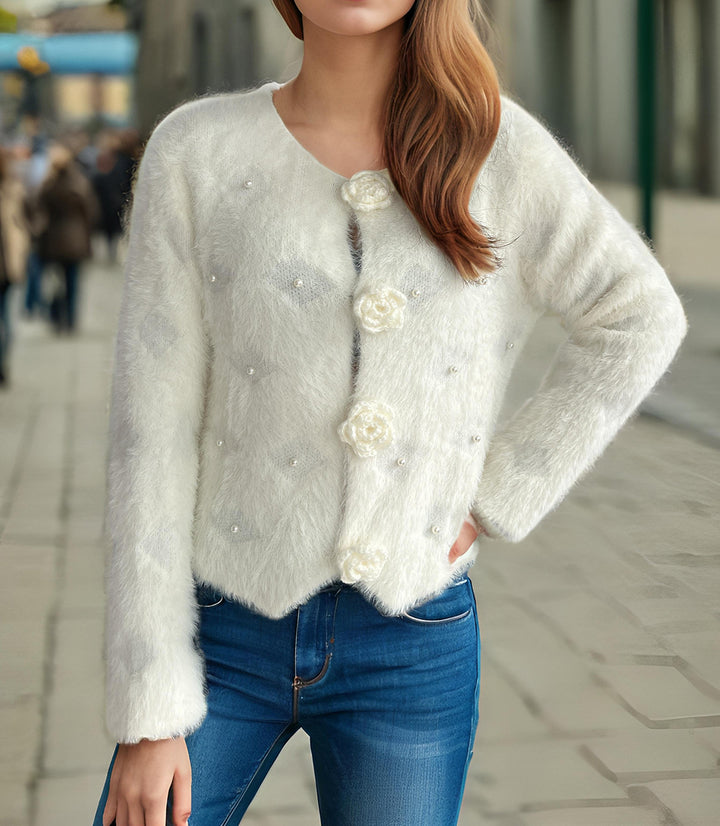 Kvinders fine cardigan med blomsterapplikationer og perleaccenter Stilla