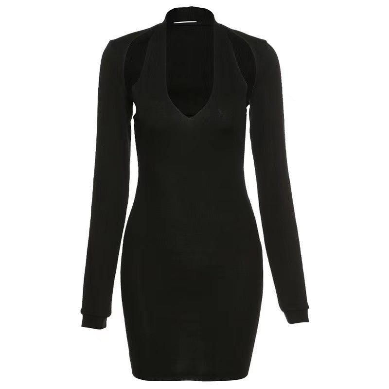 Dame Bodycon kjole med dyb halsudskæring og lange ærmer Skovae