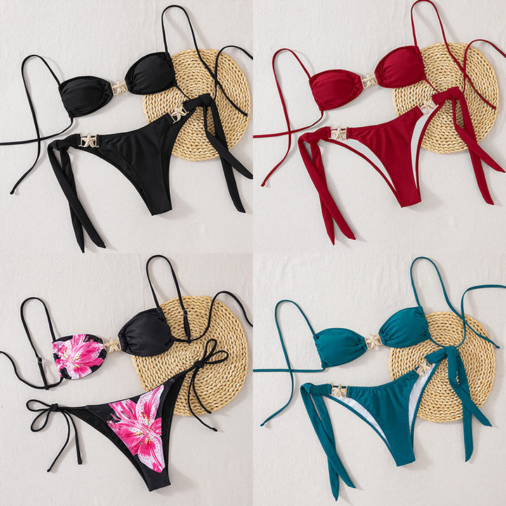 Damer trekant-bikini med blomsterdesign og elegante gulddetaljer Skovae