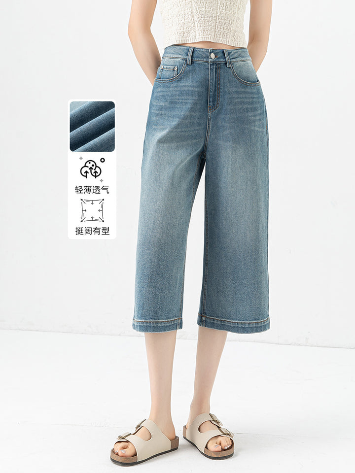 Dame Bred Denim Culottes med høj talje og løs pasform Stilla
