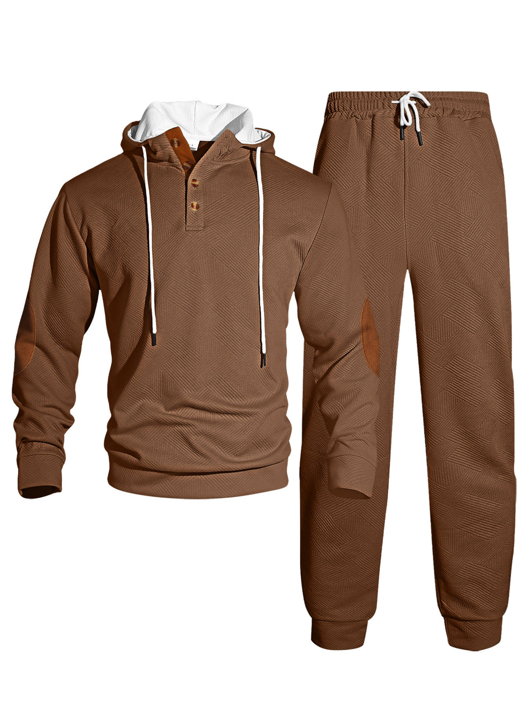 Herrer nan vaffelstruktur Henley-hoodie sæt med træknap liste albue-patch og konisk joggingbukser Skovae