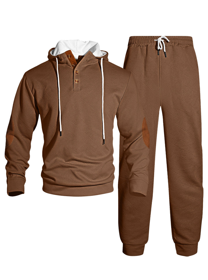 Herrer nan vaffelstruktur Henley-hoodie sæt med træknap liste albue-patch og konisk joggingbukser Skovae